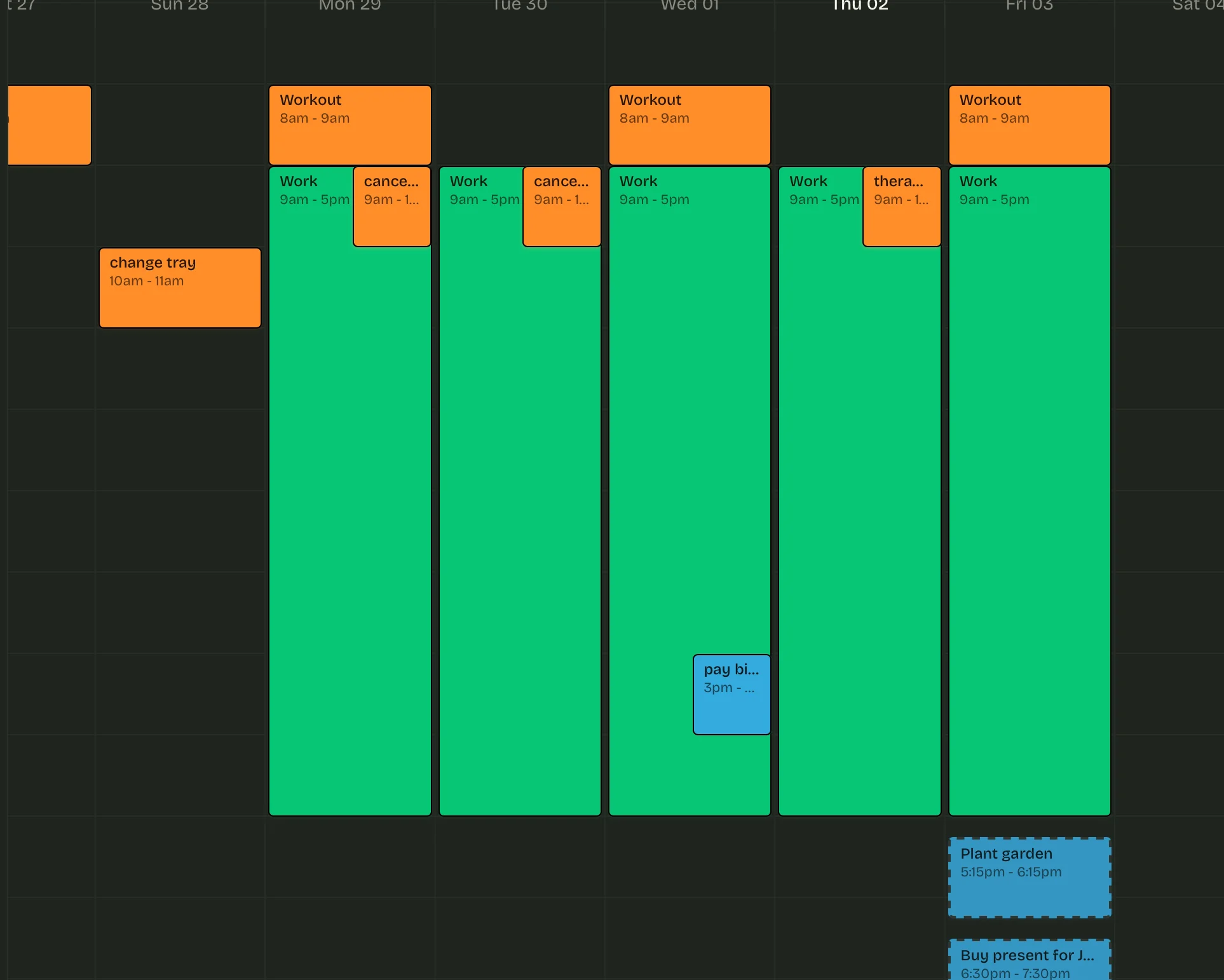 A week of scheduled blocks on the calendar