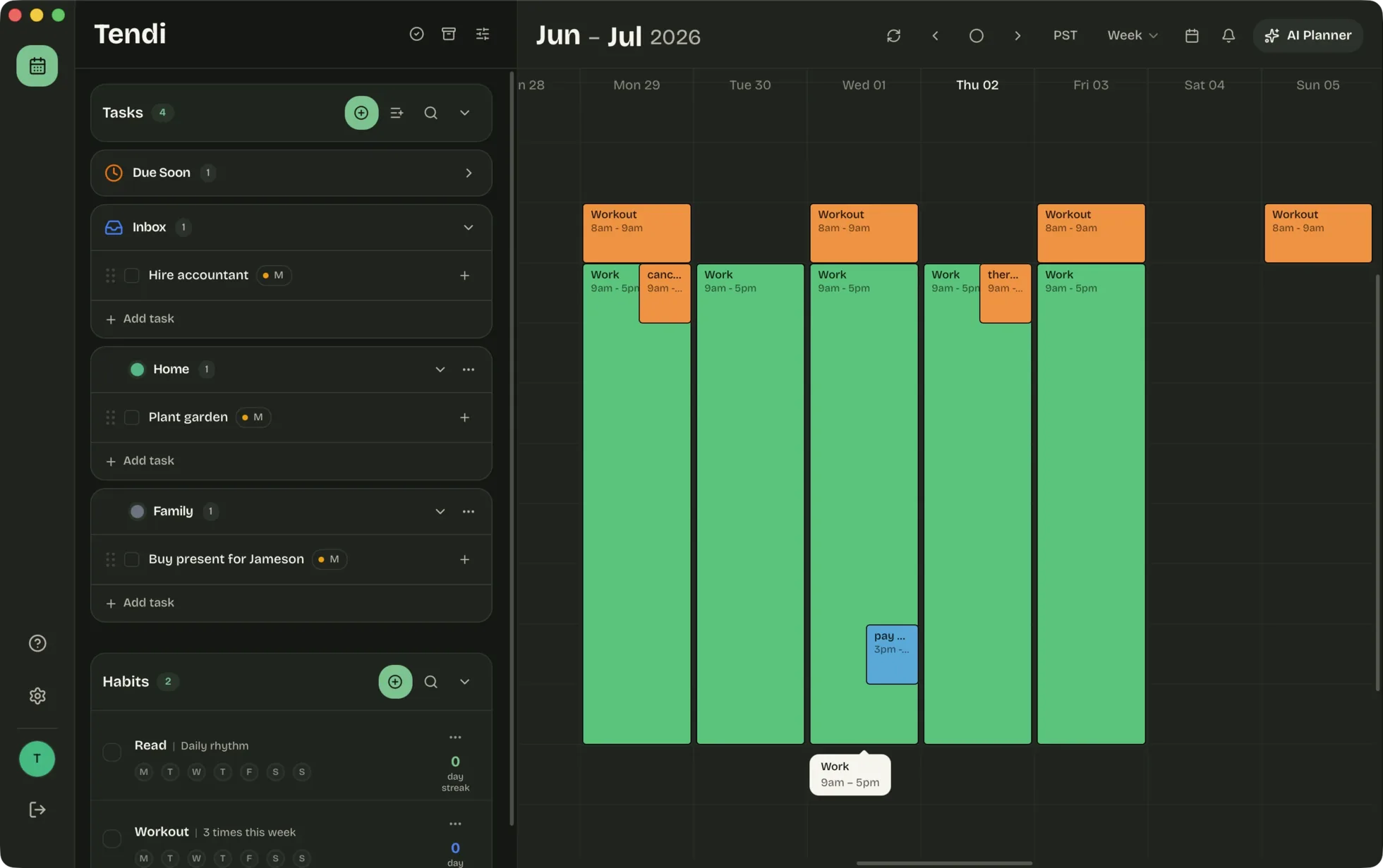 Tendi calendar with AI-scheduled tasks and habits