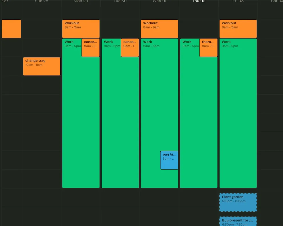 A week of scheduled blocks on the calendar